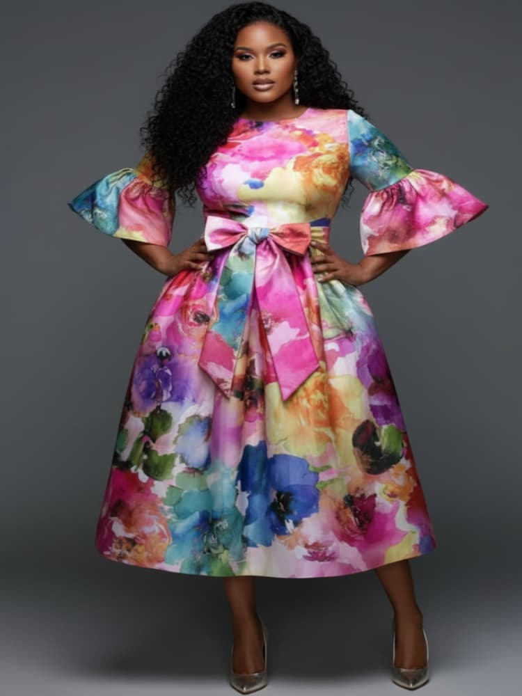 Midi Skirt Floral - Abito midi a maniche svasate con